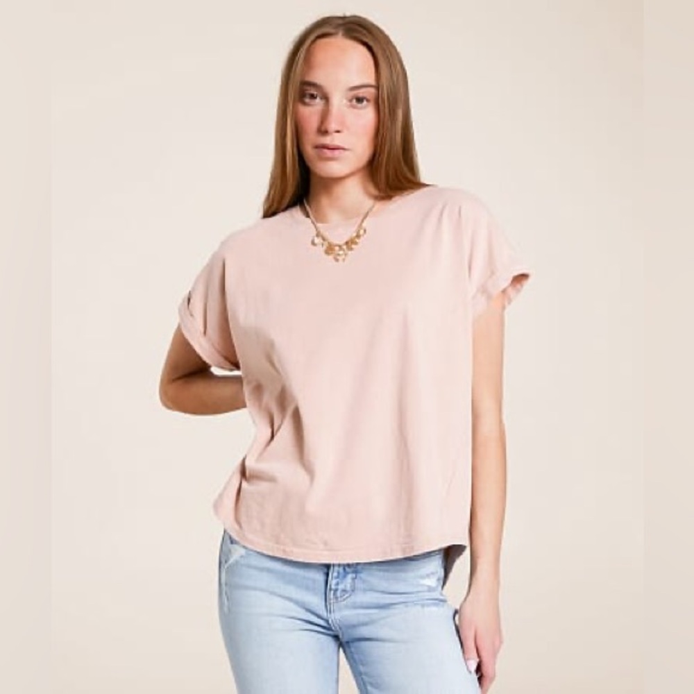 Lucky Brand Blush Pink Cuffed Short Sleeve T-Shirt Top Boxy Casual Comfy Knit